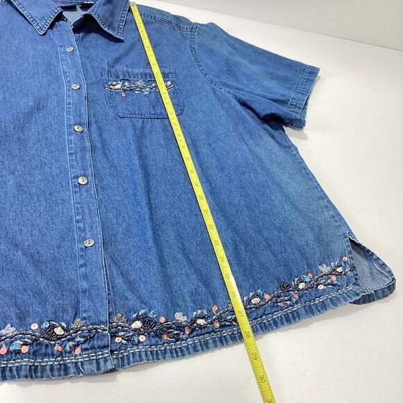 Vintage CST Blues Blue Denim Button-Up Shirt with Floral Embroidery Shells 3X - Picture 7 of 8